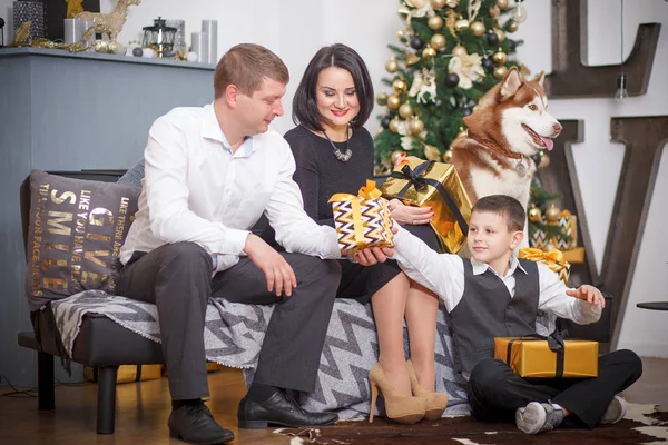 Família feliz e um cão Husky siberiano em torno da árvore de Natal — Fotografia de Stock