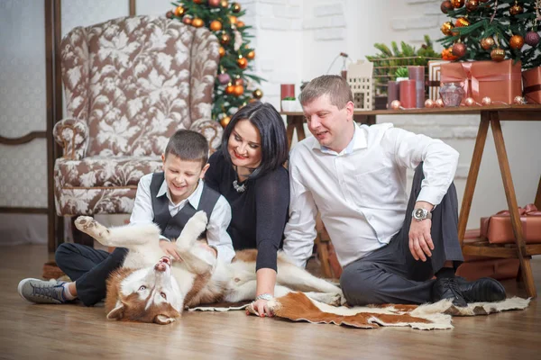 Mãe, pai e menino com Husky fundo árvore de Natal — Fotografia de Stock
