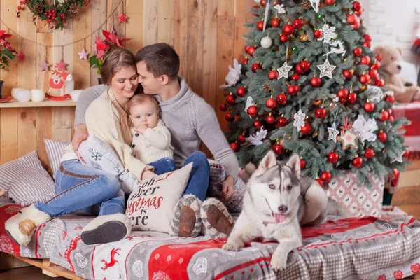 Família feliz e um cão Siberian Husky árvore de Natal — Fotografia de Stock