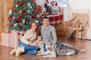 Noel ağacı yakınındaki husky köpek olan mutlu aile