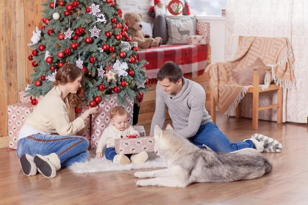 Família feliz com cão perto da árvore de Natal — Fotografia de Stock
