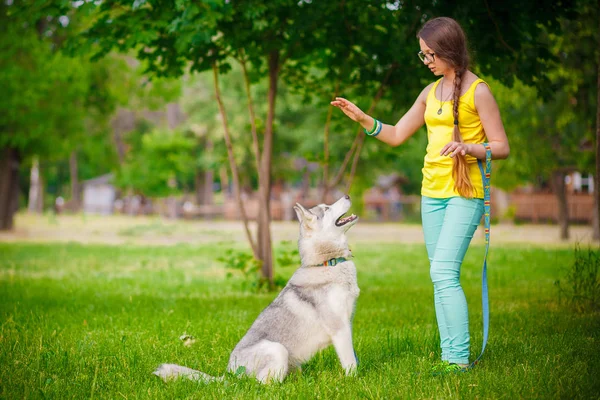 Girl play with husky dog — Stock Photo, Image