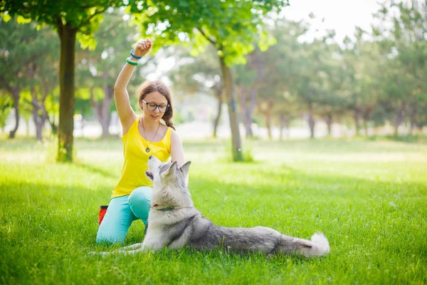 Adolescente está abraçando o cão husky — Fotografia de Stock