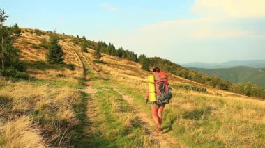 Genç erkek ile dağlarda Sibirya husky köpek
