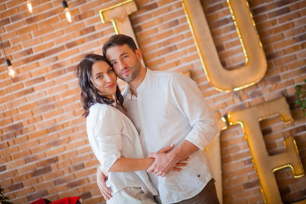 Man Woman Love Christmas Lights Interior — Stock Photo, Image