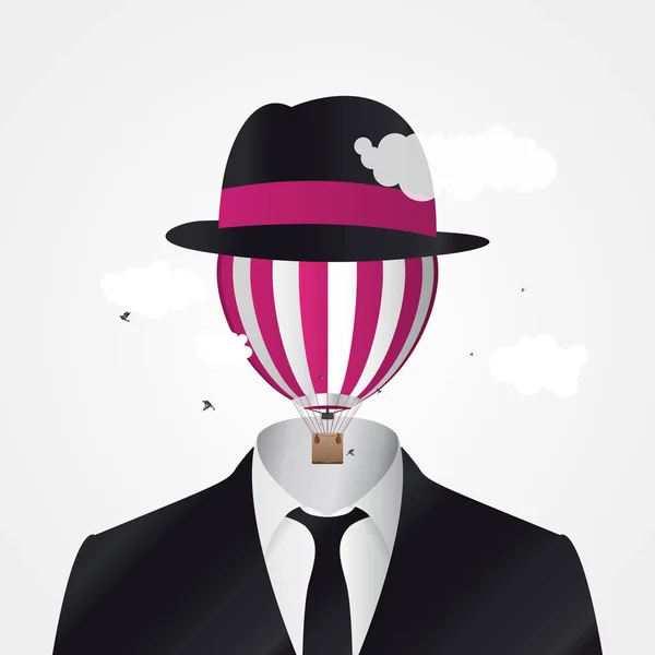 Kopf in den Wolken. Geschäftsmann mit Heißluftballon — Stockvektor