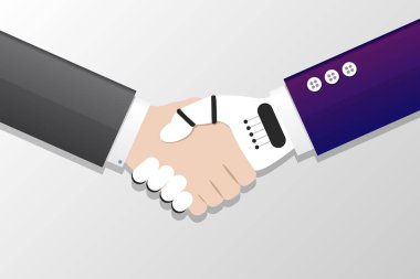Yapay zeka. İşadamı ve robot el sıkışma. Vektör