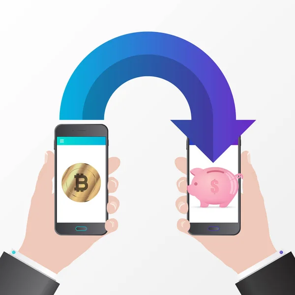 Mobilní peněženky pro Bitcoin. Kryptoměn koncept transakce. Byly porovnávány — Stockový vektor