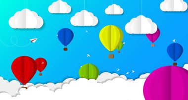 Sıcak hava balonu. Kağıt Sanat bulutlu. Vektör