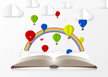 Sıcak hava balonu ile açık bir kitap. Kağıt tarzı. Vektör