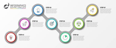 Infographic tasarım şablonu. Zaman çizelgesi kavramı ile 7 adımlar