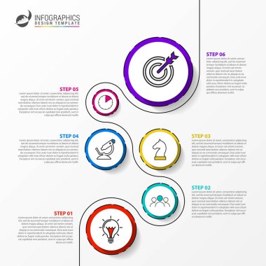 Infographic tasarım şablonu. Zaman çizelgesi kavramı ile 6 adım