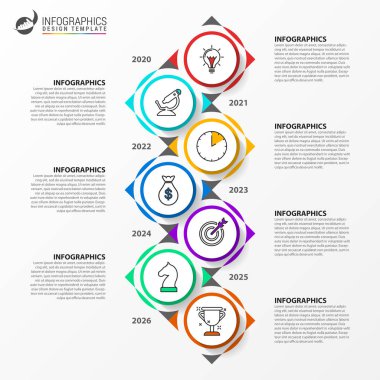 Infographic tasarım şablonu. Zaman çizelgesi kavramı ile 7 adımlar