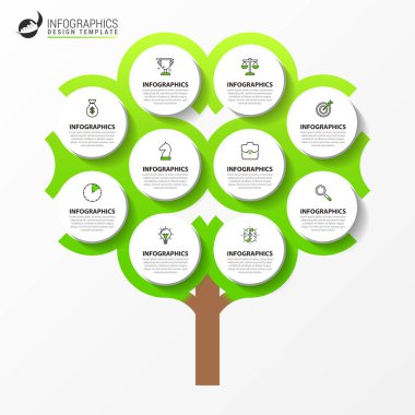 Infographic tasarım şablonu. 10 adımlı yaratıcı bir kavram. İş akışı düzeni, diyagram, pankart, web tasarımı için kullanılabilir. Vektör illüstrasyonu