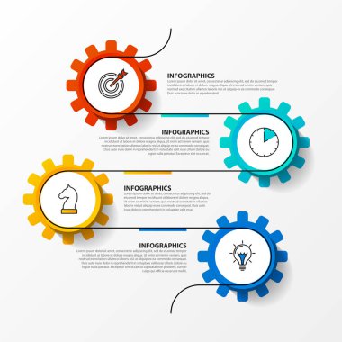 Infographic tasarım şablonu. Dört adımlı yaratıcı bir kavram. İş akışı düzeni, diyagram, pankart, web tasarımı için kullanılabilir. Vektör illüstrasyonu