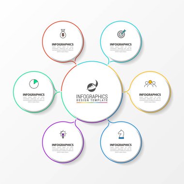 Infographic tasarım şablonu. 6 basamaklı yaratıcı bir kavram. İş akışı düzeni, diyagram, pankart, web tasarımı için kullanılabilir. Vektör illüstrasyonu