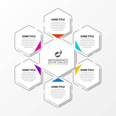 Infographic tasarım şablonu. 6 basamaklı yaratıcı bir kavram. İş akışı düzeni, diyagram, pankart, web tasarımı için kullanılabilir. Vektör illüstrasyonu