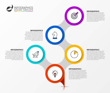 Infographic tasarım şablonu. 5 adımlı yaratıcı bir kavram. İş akışı düzeni, diyagram, pankart, web tasarımı için kullanılabilir. Vektör illüstrasyonu