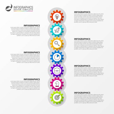 Infographic tasarım şablonu. 7 aşamalı yaratıcı bir kavram. İş akışı düzeni, diyagram, pankart, web tasarımı için kullanılabilir. Vektör illüstrasyonu