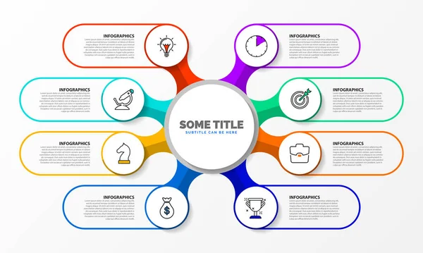 Infographic tasarım şablonu. 8 adımlı yaratıcı bir kavram. İş akışı düzeni, diyagram, pankart, web tasarımı için kullanılabilir. Vektör illüstrasyonu