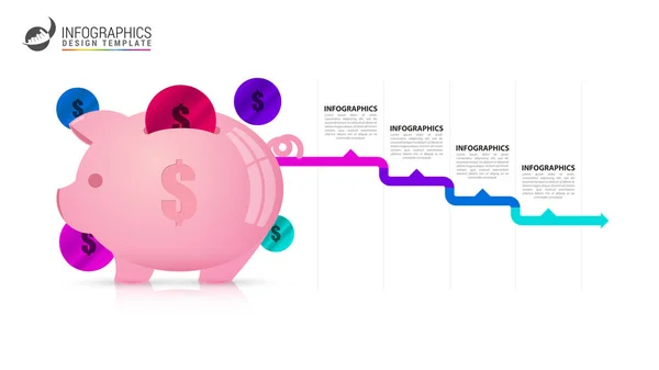 Infographic Tasarım Şablonu Piggybank Konsepti Basamaklı Akışı Düzeni Diyagram Pankart — Stok Vektör
