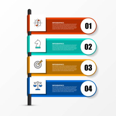 Infographic tasarım şablonu. Dört adımlı yaratıcı bir kavram. İş akışı düzeni, diyagram, pankart, web tasarımı için kullanılabilir. Vektör illüstrasyonu