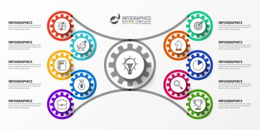 Infographic tasarım şablonu. 10 adımlı yaratıcı bir kavram. İş akışı düzeni, diyagram, pankart, web tasarımı için kullanılabilir. Vektör illüstrasyonu