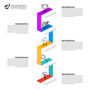 Infographic tasarım şablonu. 5 adımlı yaratıcı bir kavram. İş akışı düzeni, diyagram, pankart, web tasarımı için kullanılabilir. Vektör illüstrasyonu