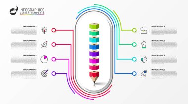 Infographic tasarım şablonu. 8 adımlı yaratıcı bir kavram. İş akışı düzeni, diyagram, pankart, web tasarımı için kullanılabilir. Vektör illüstrasyonu