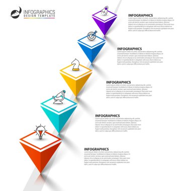 Infographic tasarım şablonu. 5 adımlı yaratıcı bir kavram. İş akışı düzeni, diyagram, pankart, web tasarımı için kullanılabilir. Vektör illüstrasyonu
