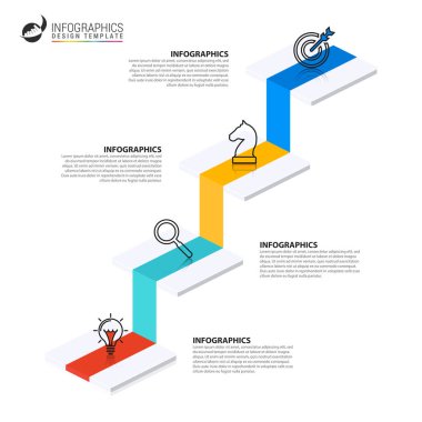 Infographic tasarım şablonu. Dört adımlı yaratıcı bir kavram. İş akışı düzeni, diyagram, pankart, web tasarımı için kullanılabilir. Vektör illüstrasyonu