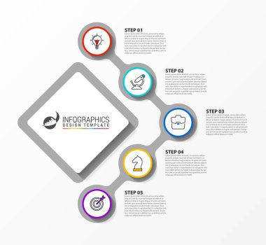 Infographic tasarım şablonu. 5 adımlı yaratıcı bir kavram. İş akışı düzeni, diyagram, pankart, web tasarımı için kullanılabilir. Vektör illüstrasyonu