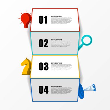 Infographic tasarım şablonu. Dört adımlı yaratıcı bir kavram. İş akışı düzeni, diyagram, pankart, web tasarımı için kullanılabilir. Vektör illüstrasyonu