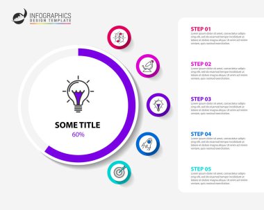 Infographic tasarım şablonu. 5 adımlı yaratıcı bir kavram. İş akışı düzeni, diyagram, pankart, web tasarımı için kullanılabilir. Vektör illüstrasyonu