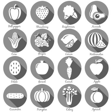 Meyve ve sebze simgeler çevrelerde ayarlayın. Vektör