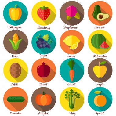 Meyve ve sebze simgeler çevrelerde ayarlayın. Vektör
