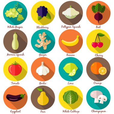 Meyve ve sebze simgeler çevrelerde ayarlayın. Vektör