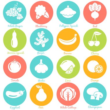 Meyve ve sebze simgeler çevrelerde ayarlayın. Vektör