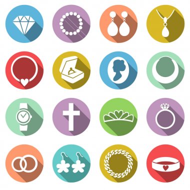 Vektör takı simgeler kümesi. Elmas, mücevher kutusu, kolye, kristal, inci, yakut, yüzük, küpe, kol saati, çapraz, taç, zincir