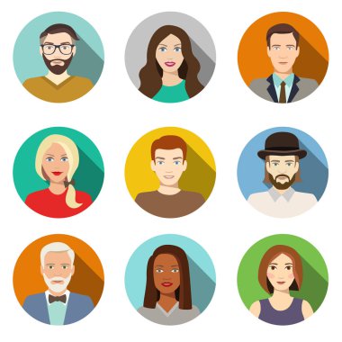 Avatar düz tasarım simgeler kümesi. Web için karakter. Vektör çizim