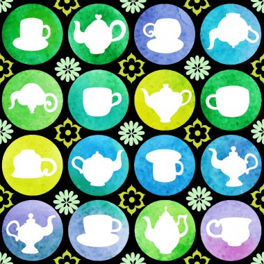 Çaydanlıklar, bardak, çaydanlık, cezve. Sulu Boya Dikişsiz arka plan pişirme Tema. Vektör