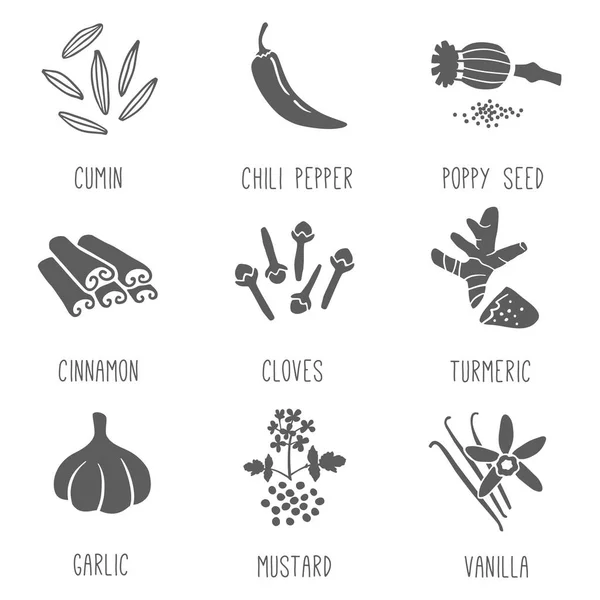 Fresh Herbs Spices Icon Set Cumin Chili Pepper Poppy Seed — Stock Vector