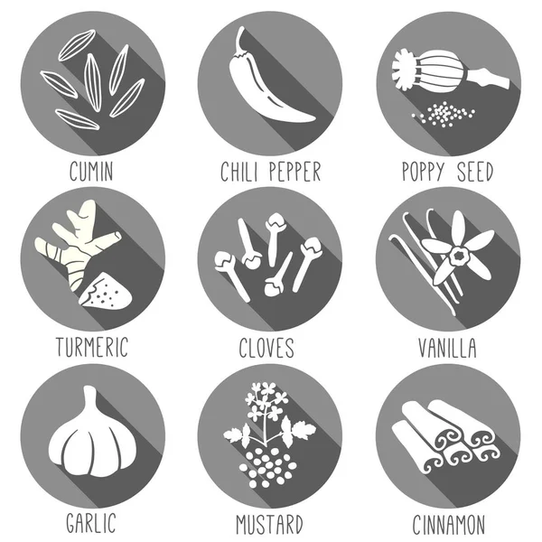 Fresh Herbs Spices Icon Set Cumin Chili Pepper Poppy Seed — Stock Vector