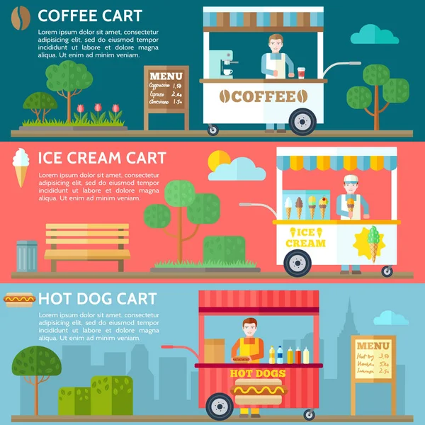 Food Carts Sellers Hot Dog Shop Ice Cream Cart Coffee — Stock Vector