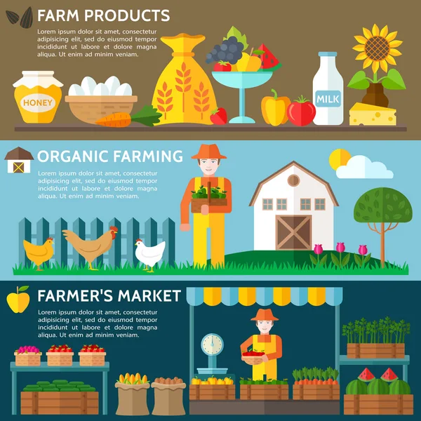 Agriculture Landscape Barn House Organic Farming Eco Concept Organic Milk — Stock Vector