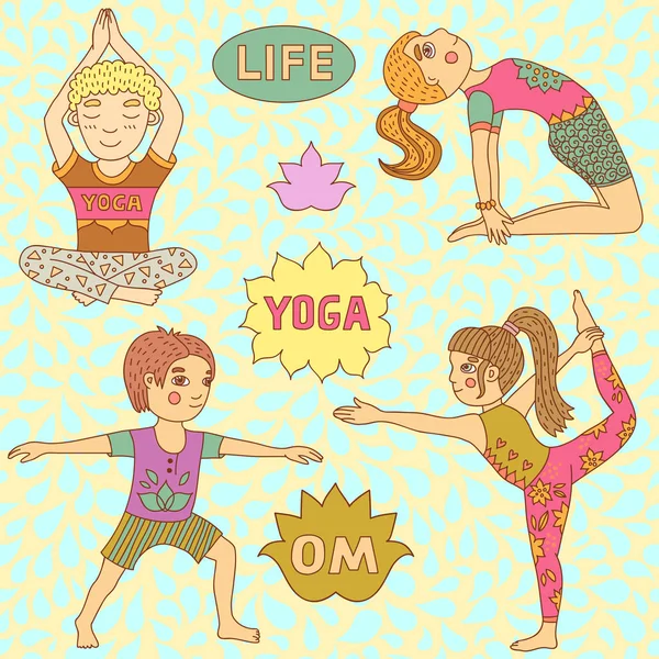 Illustration Der Mädchen Und Jungen Beim Yoga Auf Weißem Hintergrund — Stockvektor
