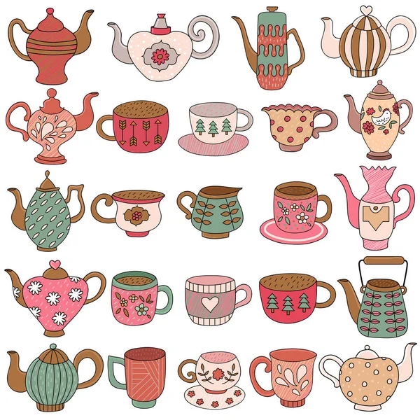 Teapots Cups Kettles Coffee Pot Watercolor Seamless Background Cooking Theme — Stock Vector