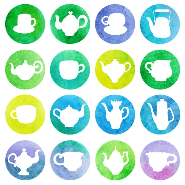 Teáskannák Csészék Vízforraló Kávé Pot Akvarell Varratmentes Háttérben Főzés Téma — Stock Vector