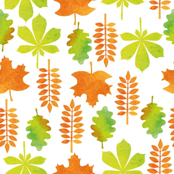秋の水彩画とのシームレスなパターンの葉 カエデの葉 山の灰葉 オークの葉 栗の葉 ベクトルの背景 — ストックベクタ