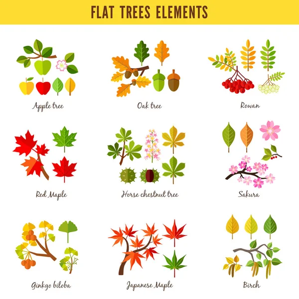 Set Flat Trees Elements Apple Tree Oak Tree Rowan Red Royalty Free Stock Illustrations